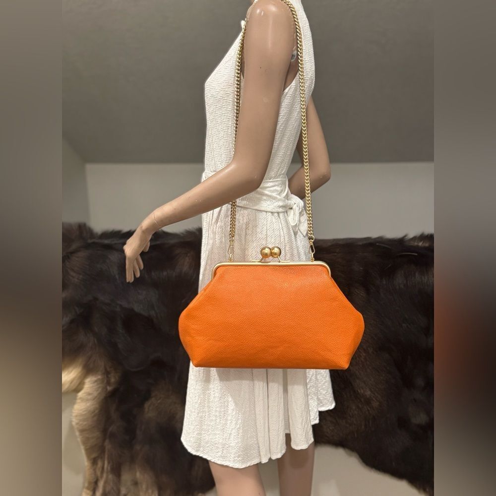 Orange Pebble Leather Handmade Vintage Style Extra Large Kisslock Frame Bag - Picture 13 of 16